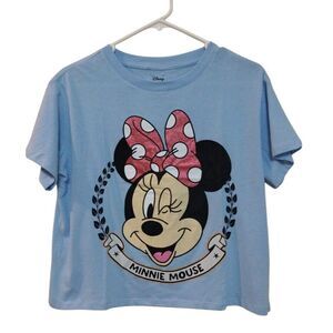 Disney Crop Top Women‎ Large Blue Graphic Glitter Minnie Mouse Short Sleeves